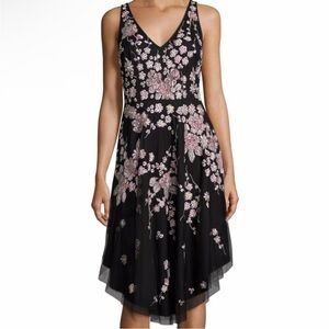 Aidan Mattox Floral Beaded Dress Embroidered Black Pink V Neck Size 4